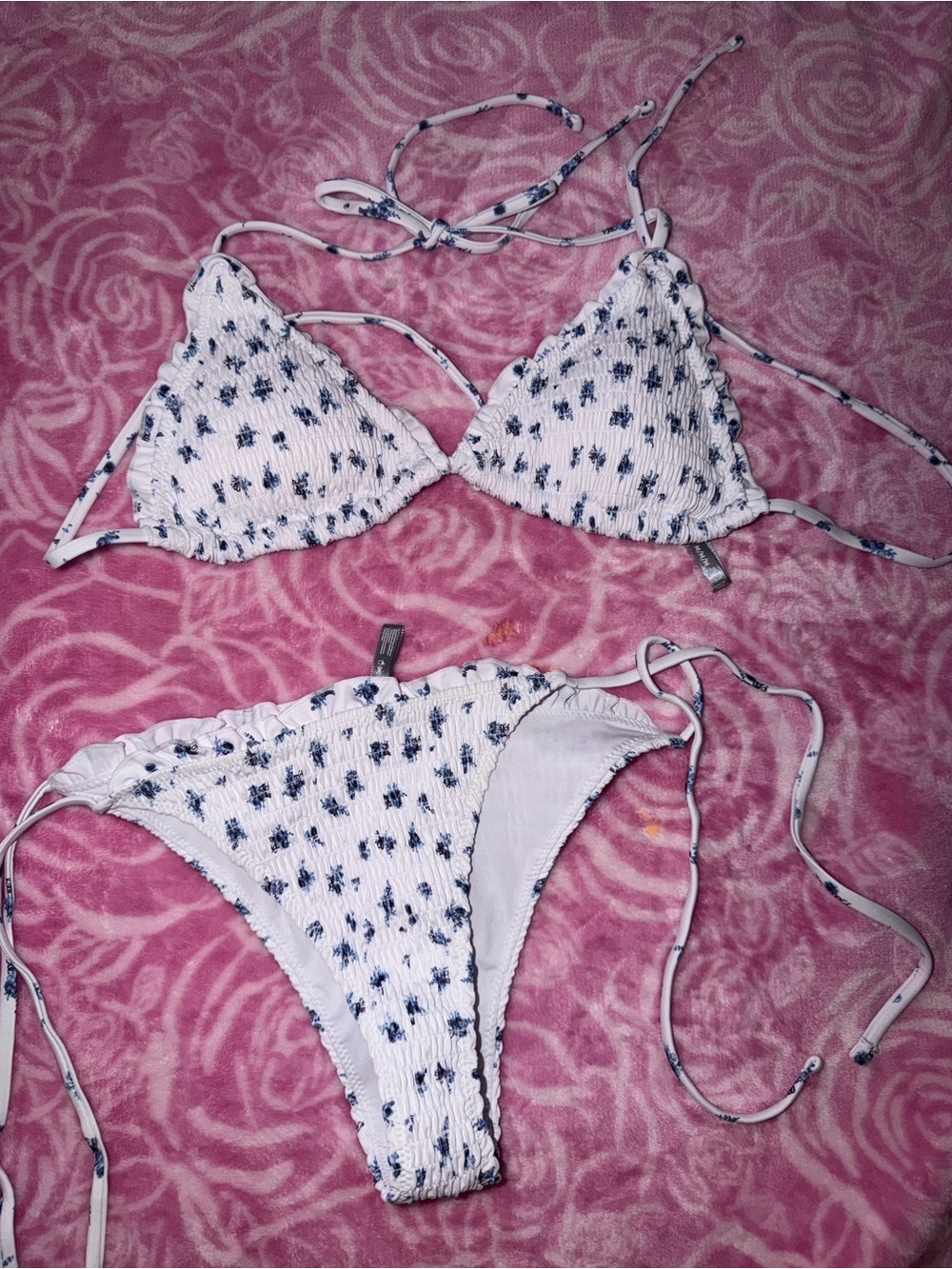 Smocked White & Navy Floral Tie Bikini Set - Women Swim top is M bottom is Small